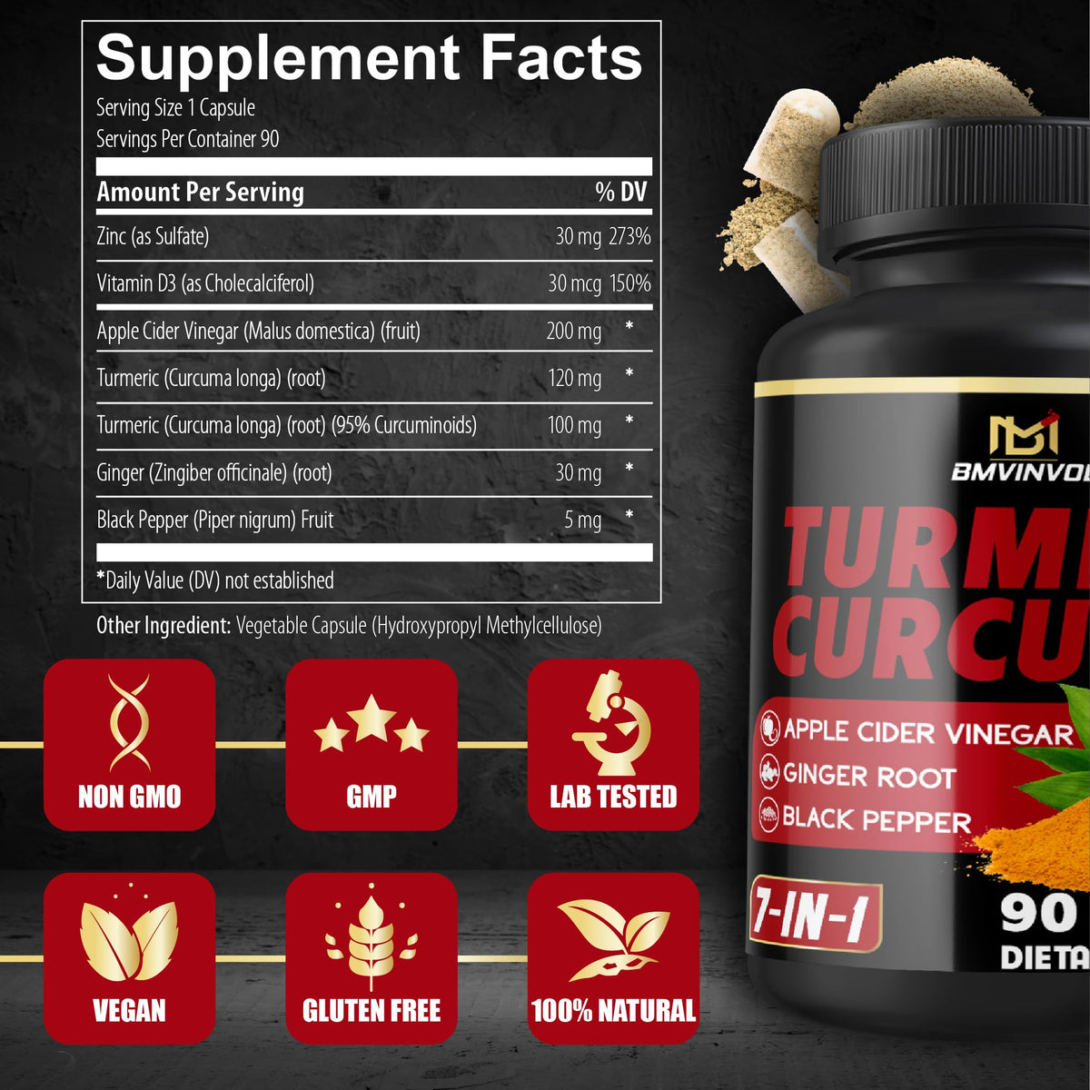 Turmeric Curcumin 95% Curcuminoids + Ginger & Black Pepper β 90 Count (3-Month Supply)