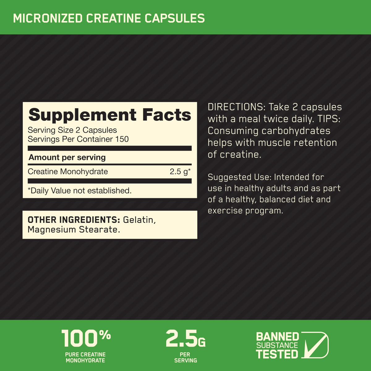 Optimum Nutrition Creatine 2500 Caps β 300 Capsules | 2,500 mg Creapure Monohydrate, Keto Friendly