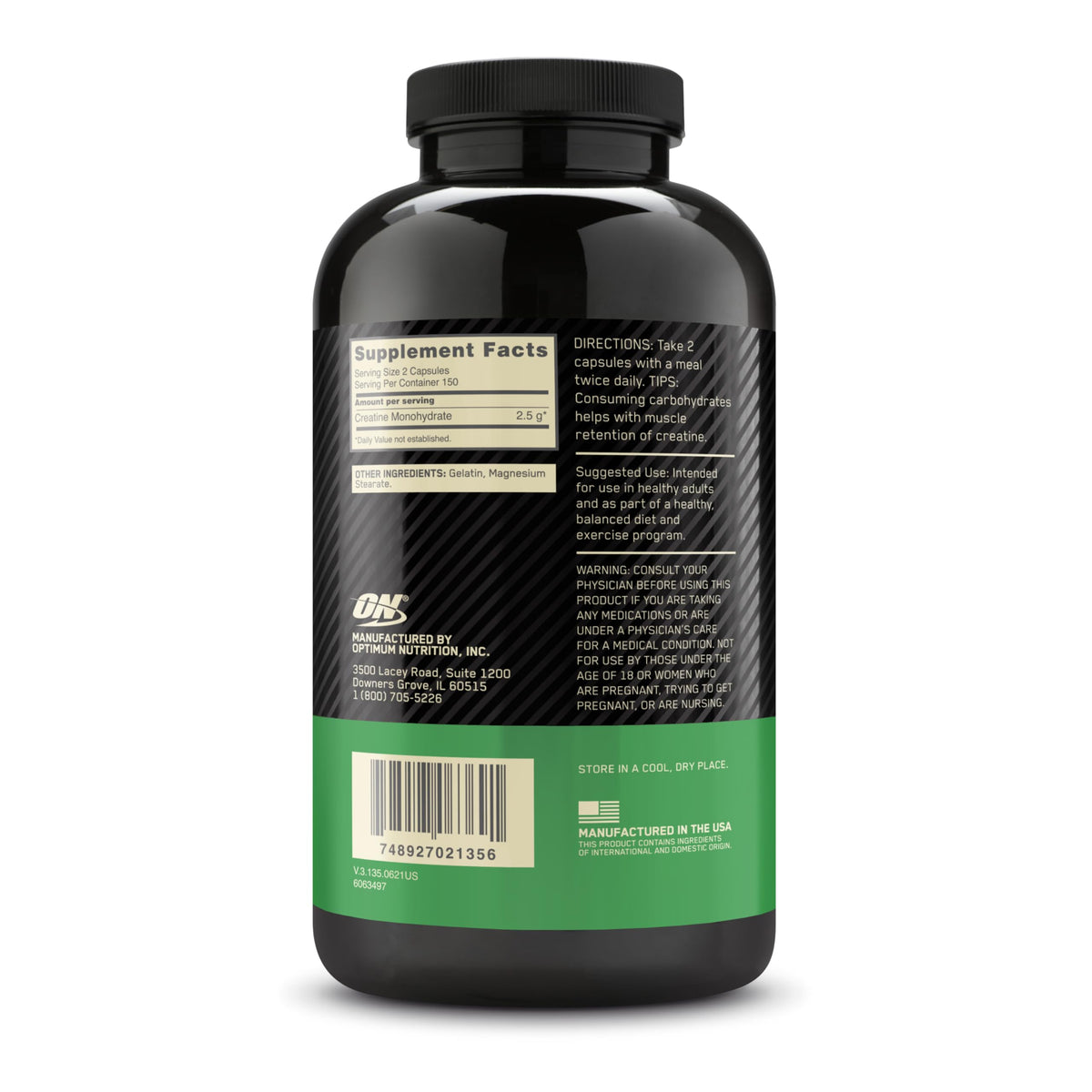 Optimum Nutrition Creatine 2500 Caps β 300 Capsules | 2,500 mg Creapure Monohydrate, Keto Friendly