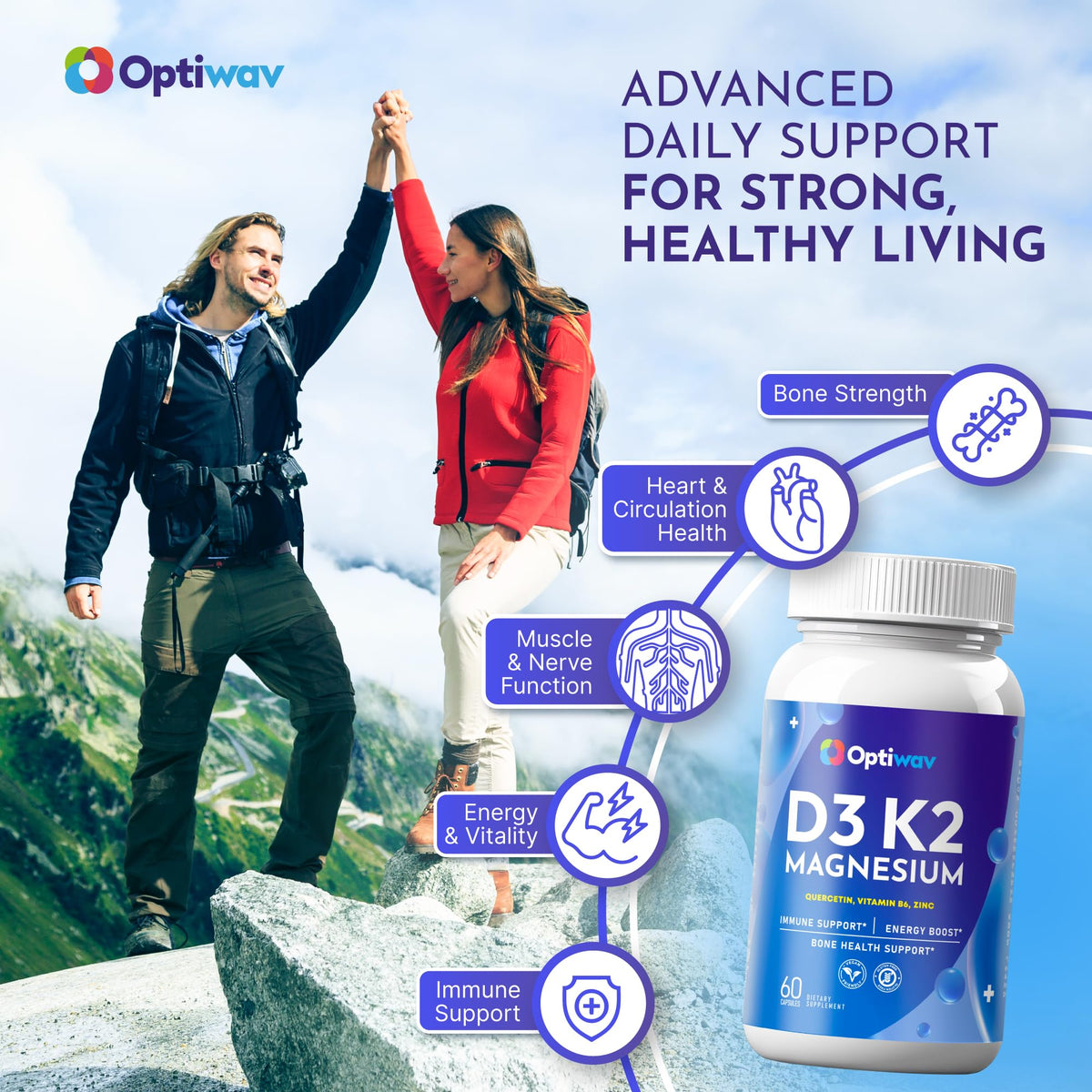 Optiwav D3 K2 مغنيسيوم - دعم صحة العظام والمناعة والطاقة