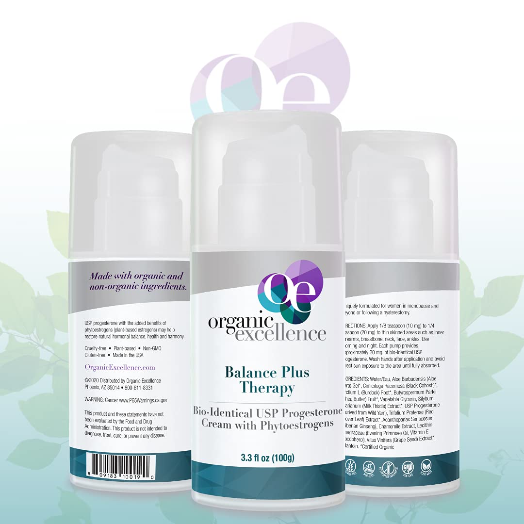 Organic Excellence Balance Plus Therapy – USP Bioidentical Organic Progesterone Cream with Phytoestrogens | Menopause Hormone Balance, 3.3 fl oz