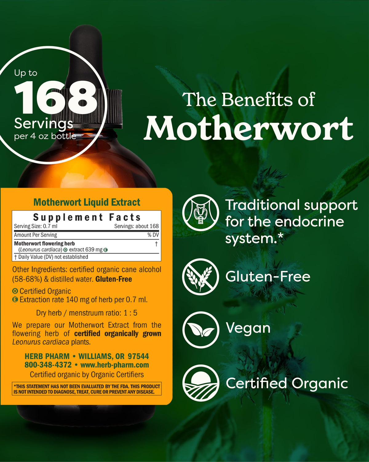 Herb Pharm Certified Organic Motherwort Liquid Extract β Endocrine Support (4 oz)