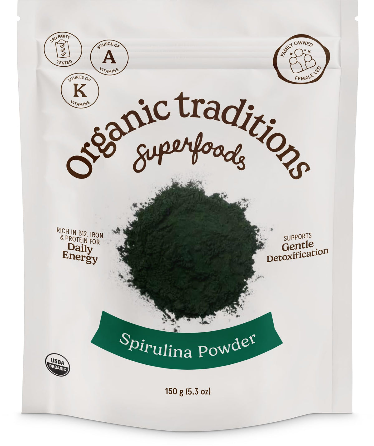 Organic Traditions Spirulina Powder β Organic, Vegan & Non-GMO, 5.3oz (150g) Bag | 50 Servings