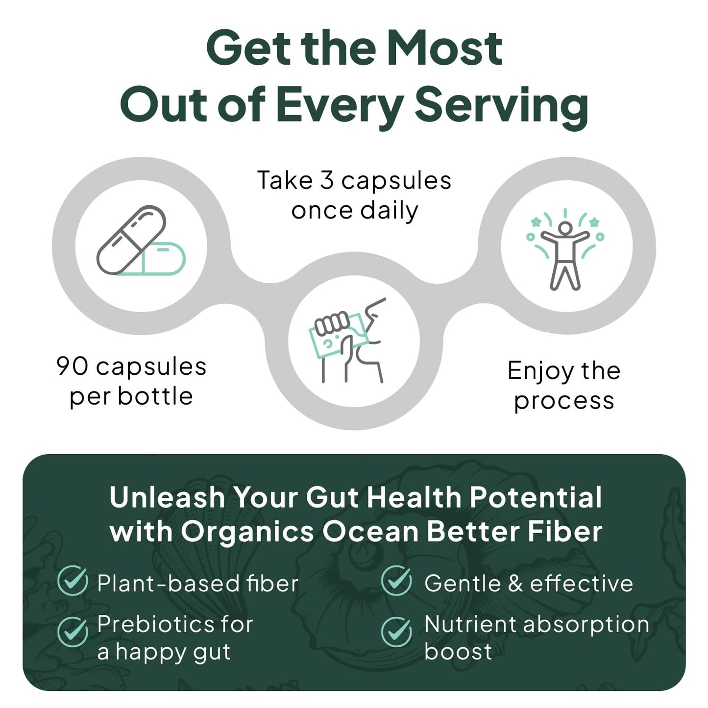 Organics Ocean Better Fiber - Daily Fiber Supplement for Gentle, Regular Bowel Movements (3 Bottles)