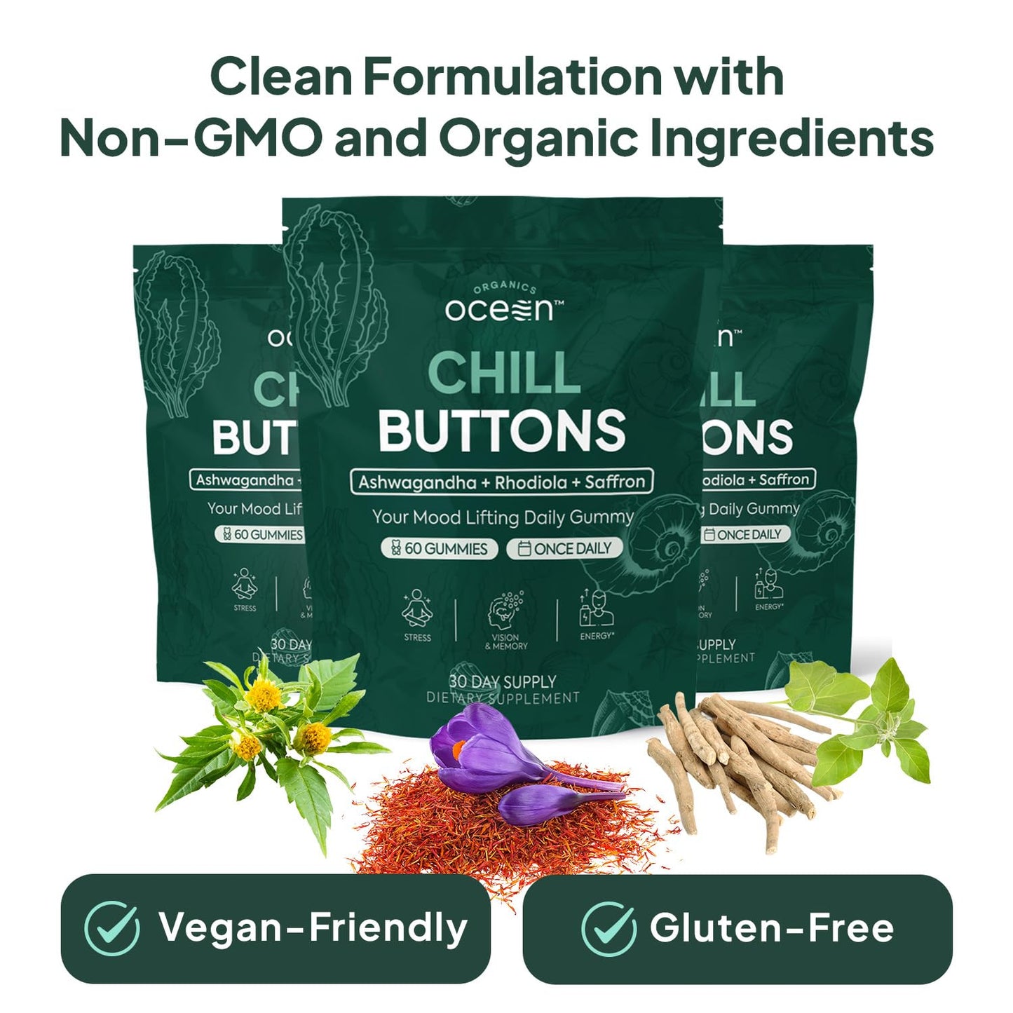 Organics Ocean Chill Buttons – Natural Ashwagandha Gummies with KSM-66, Rhodiola & Saffron | Relaxation, Mood & Focus (6-Pack, 360 Count)
