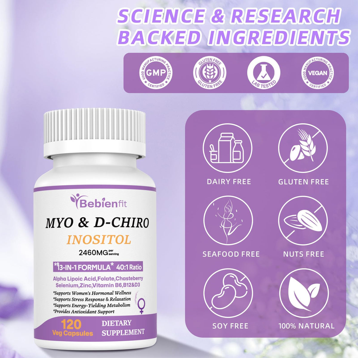 13-in-1 Myo-Inositol & D-Chiro Inositol for Women – PCOS, Hormonal Balance, 40:1 Ratio, 120 Veg Caps