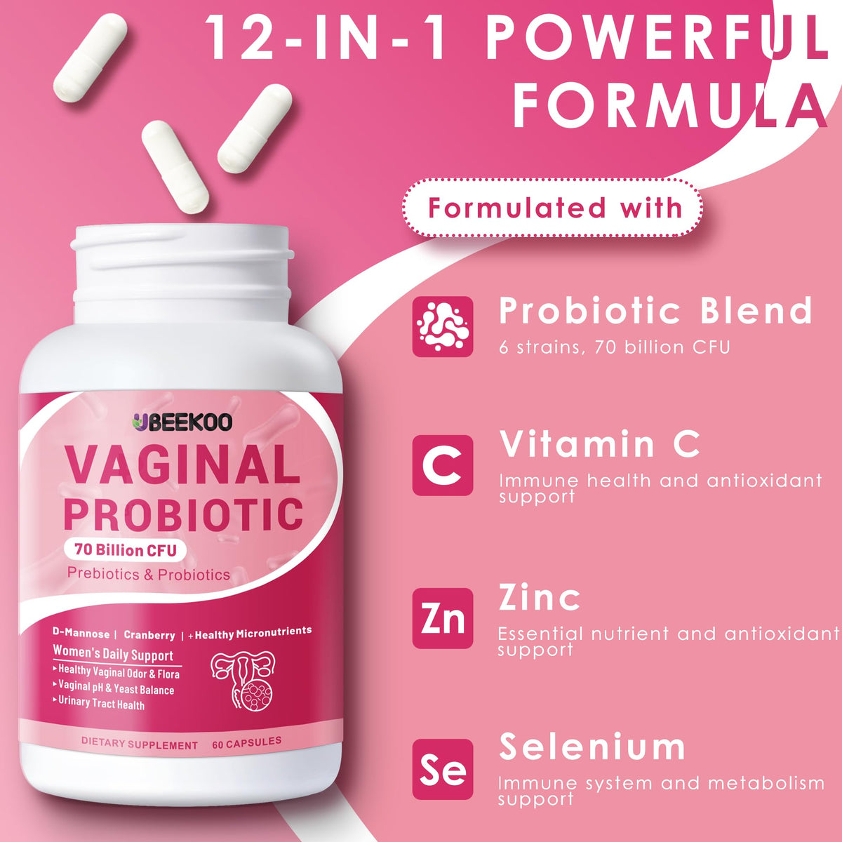 Vaginal Probiotics for Women β 70 Billion CFU, pH Balance & UTI Support | 60 Capsules