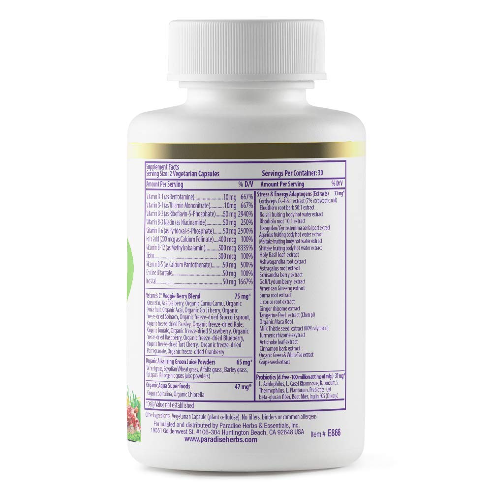 Paradise Herbs Earth's Blend B-Complex β Methylated B Vitamins + Superfoods, 60 Capsules