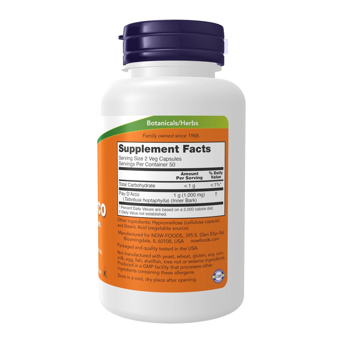 NOW Foods Pau D'Arco 500 mg (Tabebuia heptaphylla) – دعم عشبي، 100 كبسولة نباتية