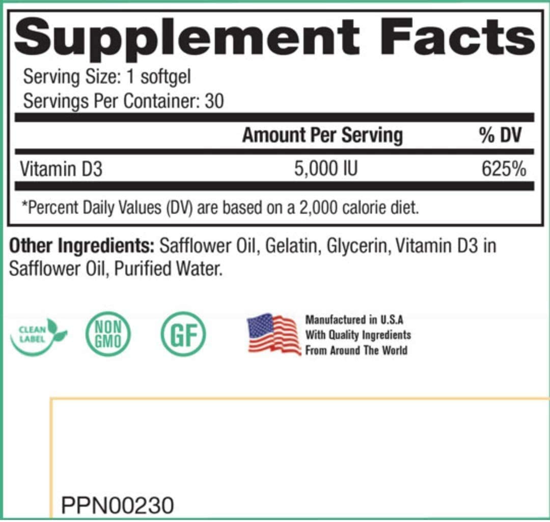 Peak D3 5000 IU Vitamin D3 β Immune Support, Heart Health & Energy | 30 Capsules