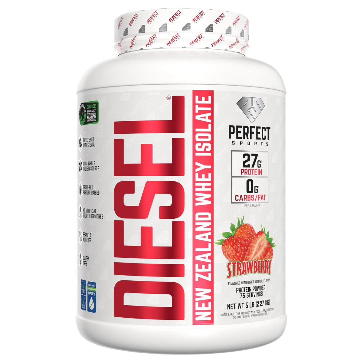 PERFECT SPORTS Diesel 100% New Zealand Whey Protein Isolate β 5 lb Strawberry | 27g Protein, 0g Carbs, 0g Fat | Stevia-Sweetened