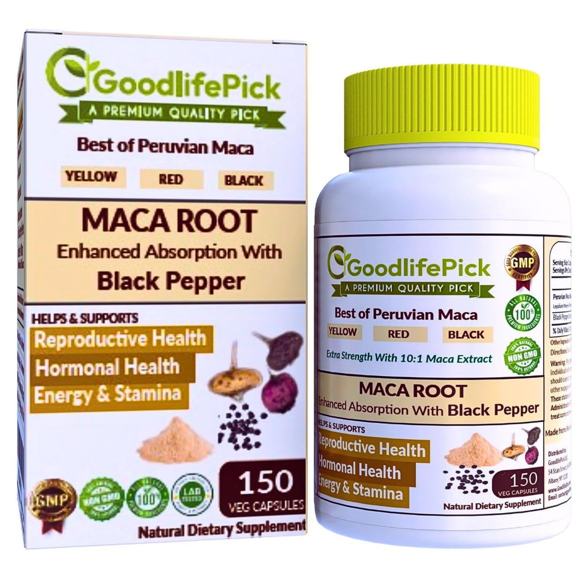 Peruvian Maca Root Capsules 150 ct β Yellow, Red & Black Maca + Black Pepper
