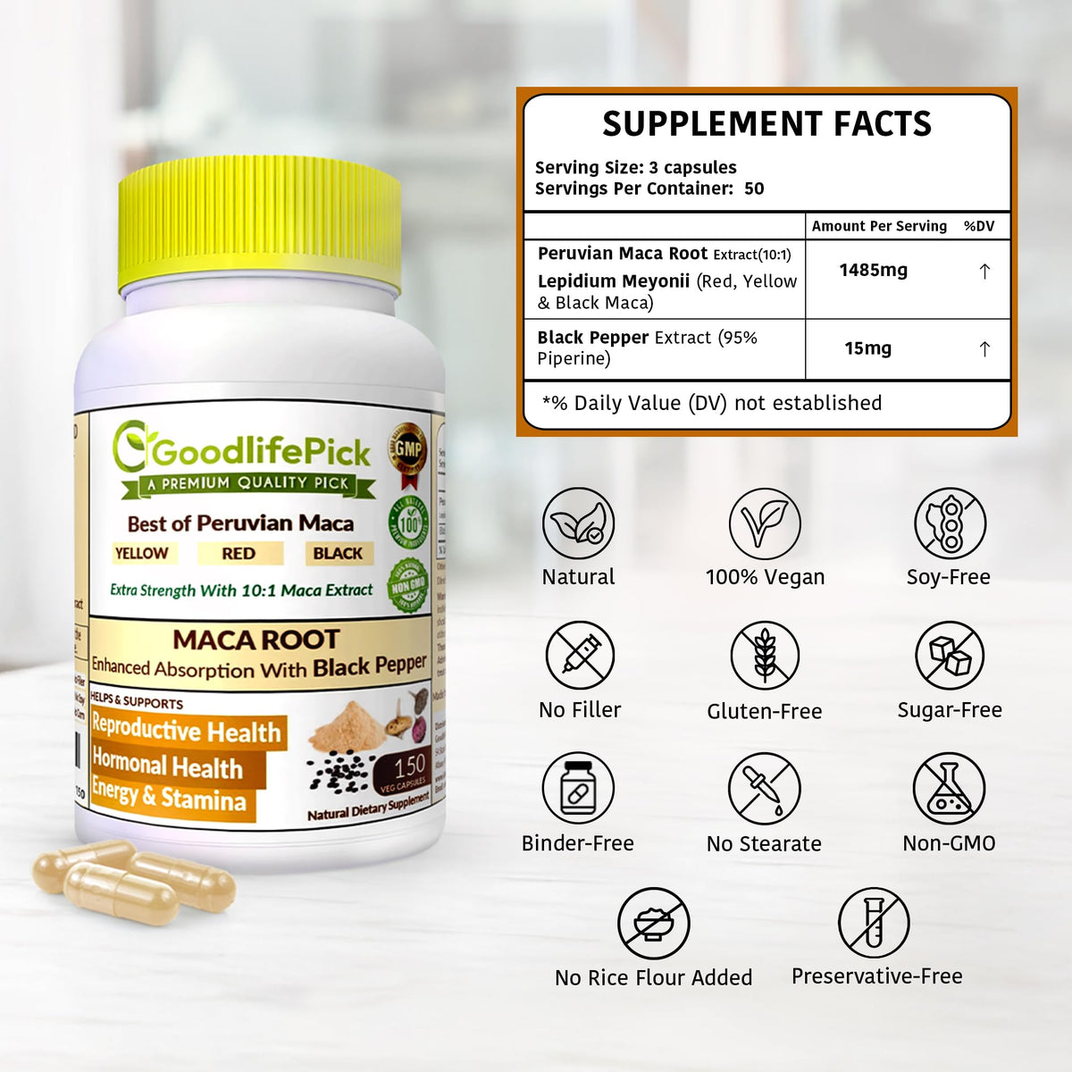 Peruvian Maca Root Capsules 150 ct β Yellow, Red & Black Maca + Black Pepper