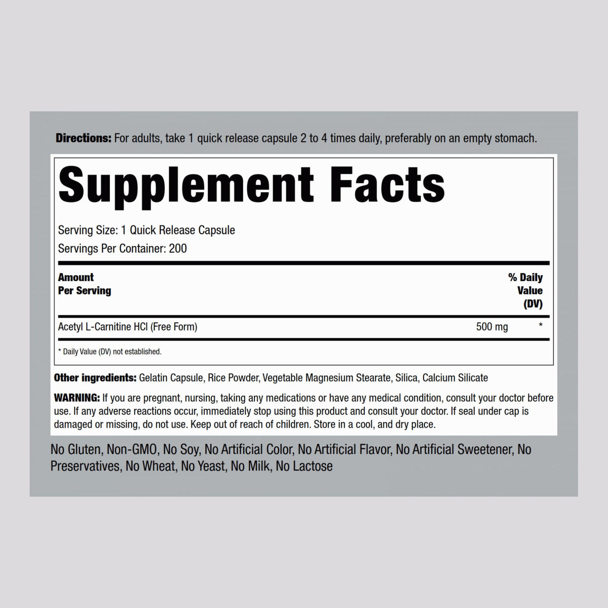 Piping Rock Acetyl L-Carnitine HCL 500 mg β 200 Capsules | Non-GMO & Gluten Free