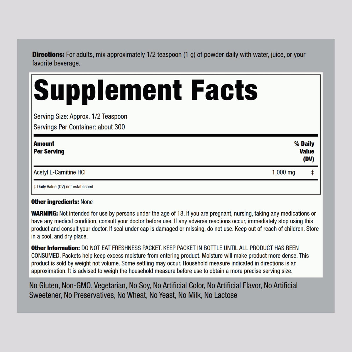 Piping Rock Acetyl L-Carnitine Powder 300g - ALCAR HCl, Non-GMO, Gluten Free