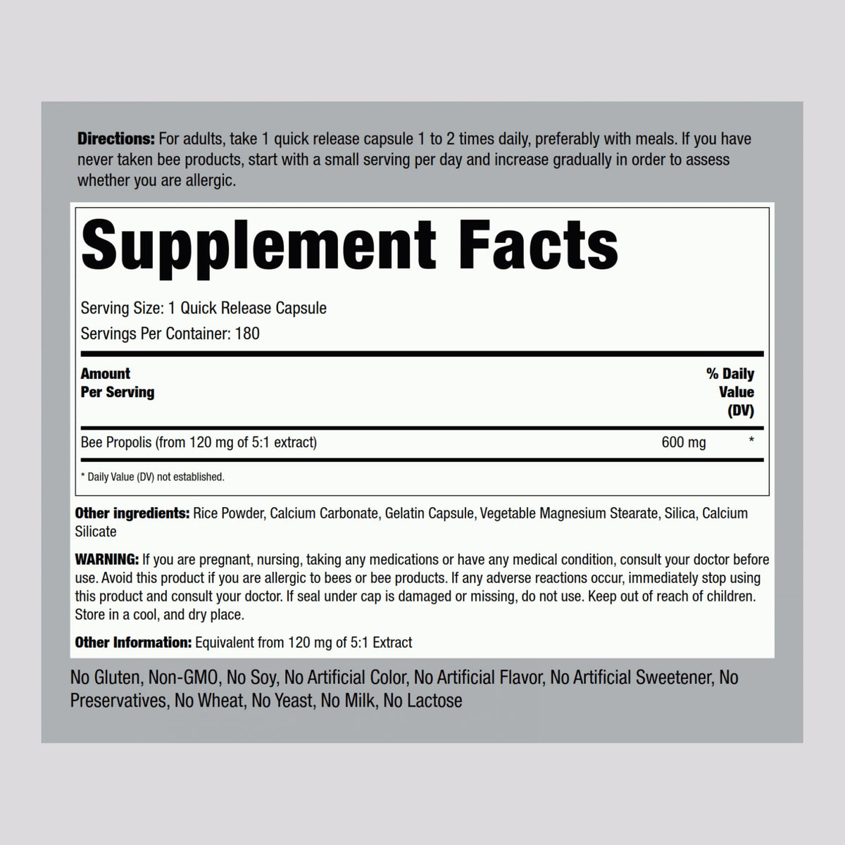 Piping Rock Bee Propolis Capsules 600mg | 180 Pills | Pack of 2 | Non-GMO