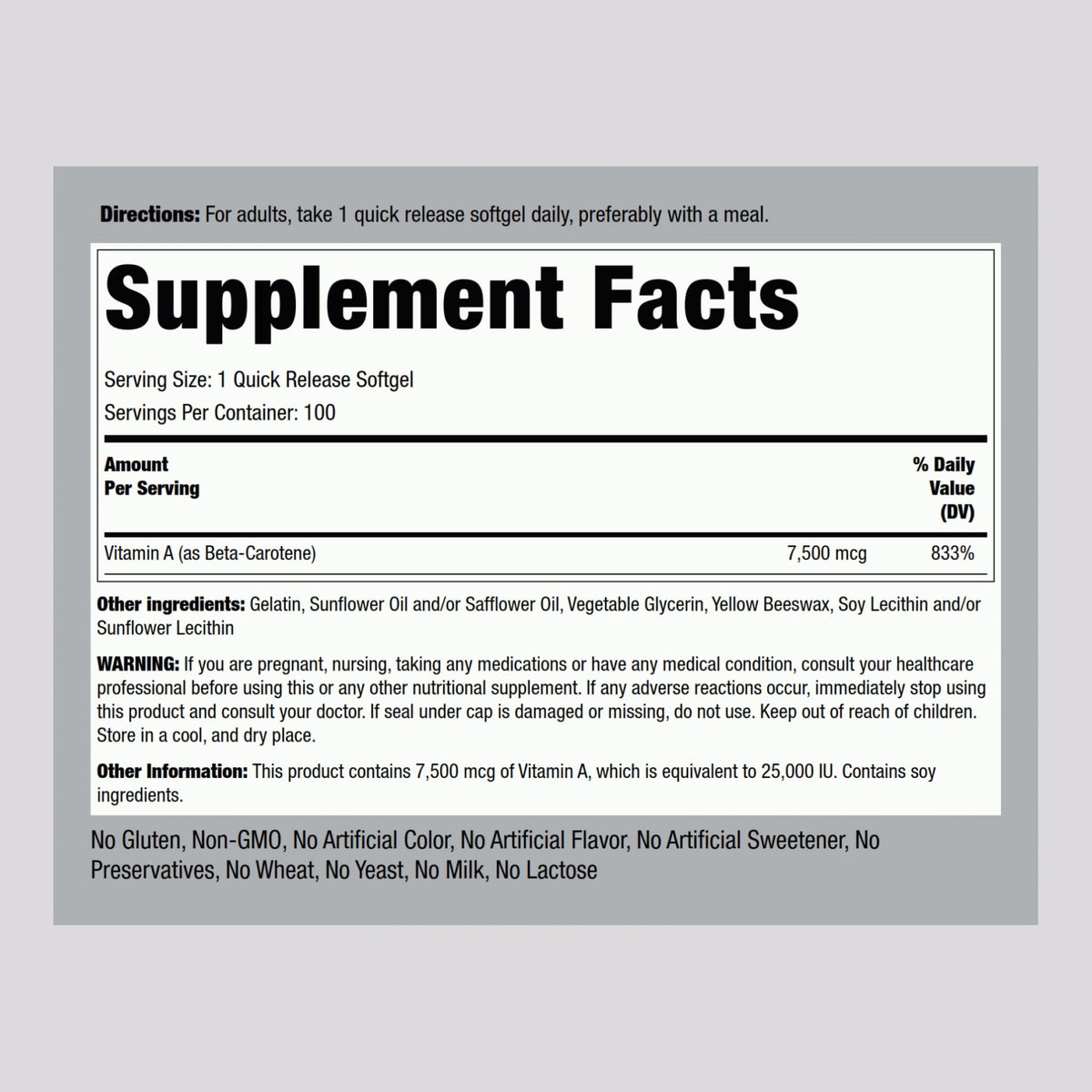 Piping Rock Beta Carotene 25,000 IU Softgels – 100 Count | Non-GMO, Gluten Free