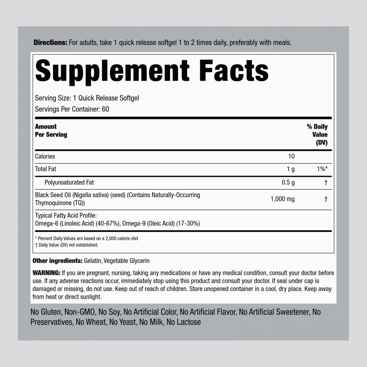 Piping Rock Black Seed Oil Softgel Capsules 1000mg | 60 Ct | Gluten Free & Non-GMO