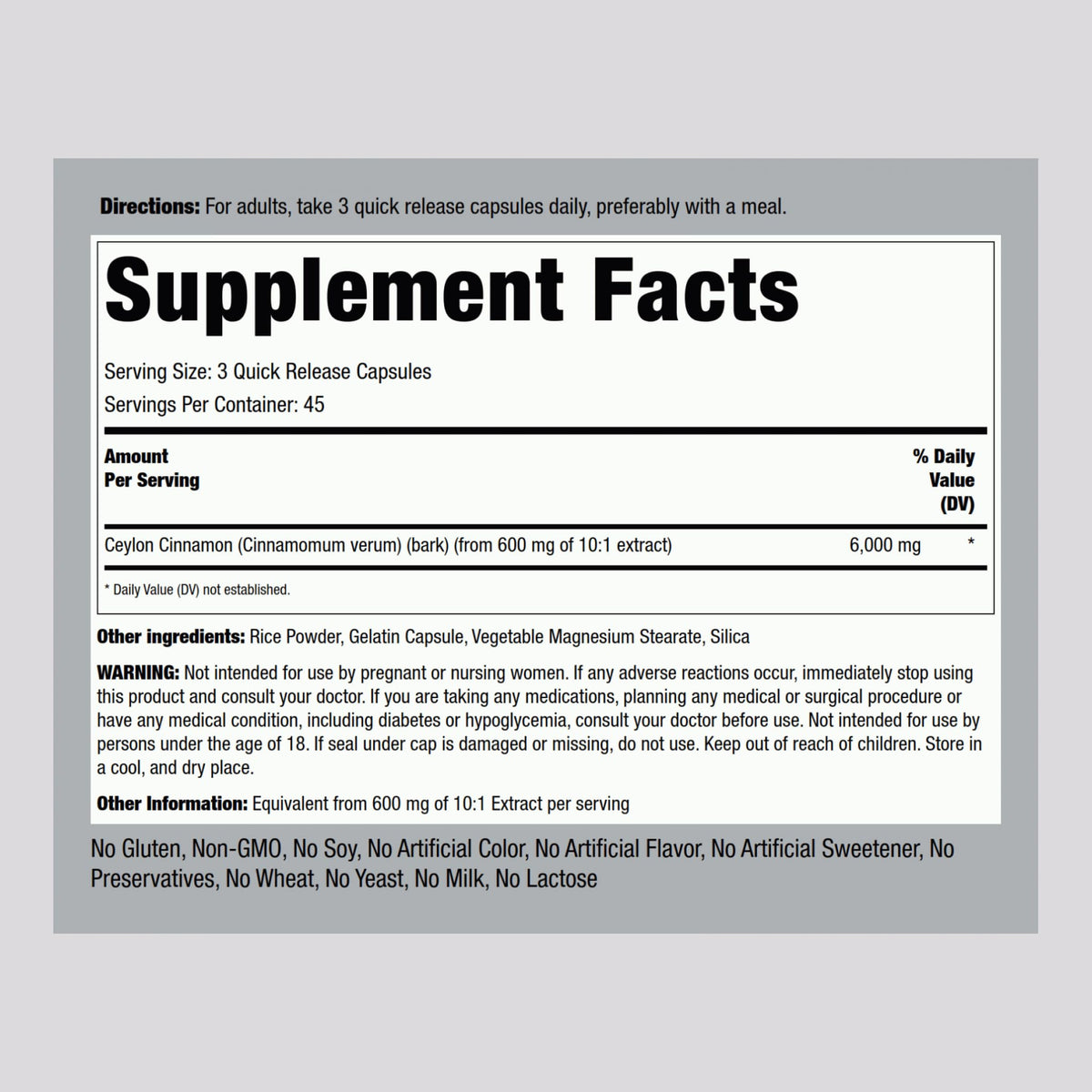 Piping Rock Ceylon Cinnamon 6000 mg - 135 Capsules | Concentrated Herbal Extract | Non-GMO, Gluten Free