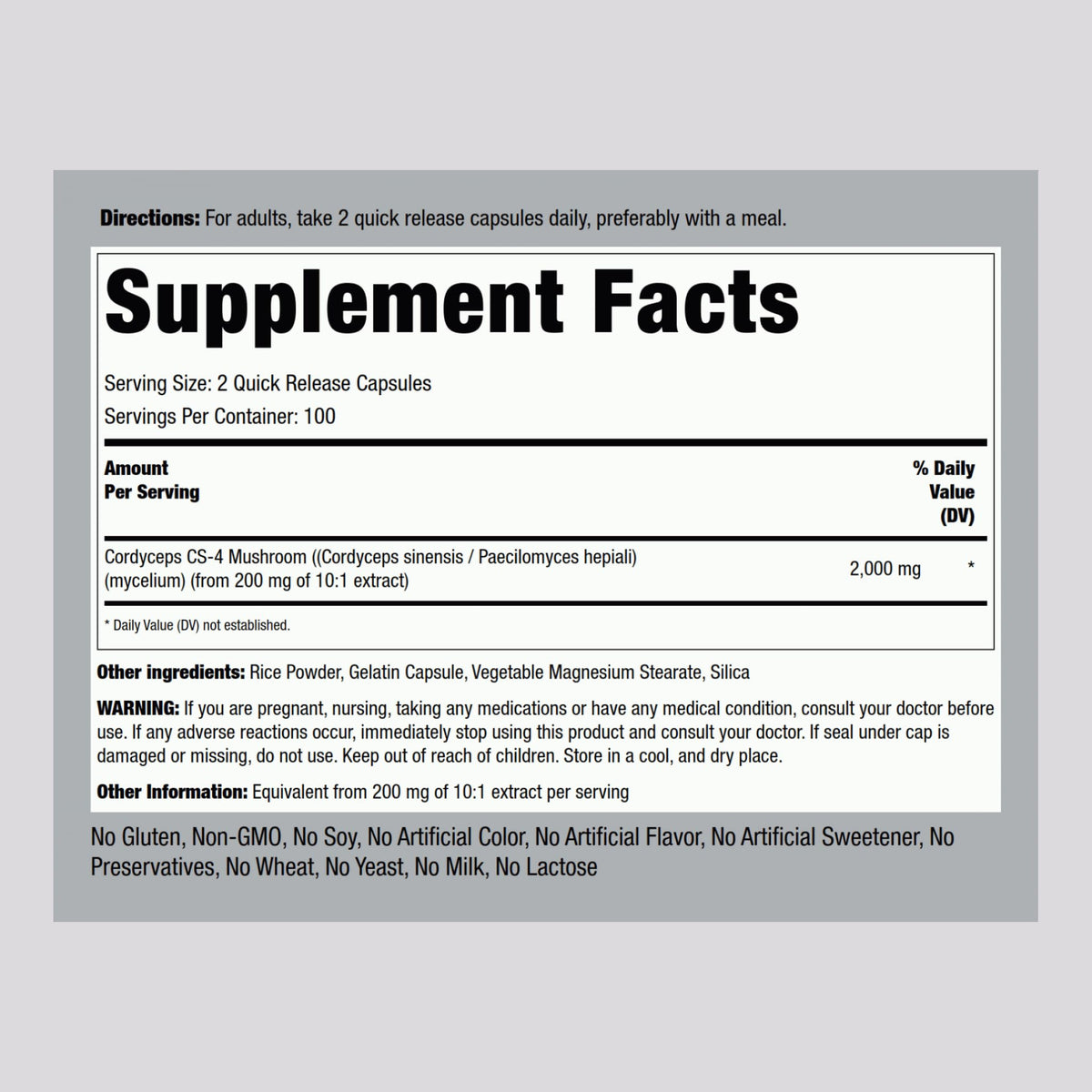 Piping Rock Cordyceps Mushroom Capsules 2000mg – 200 Count | CS-4 Strain | Concentrated Extract | Herbal Supplement | Non-GMO, Gluten Free