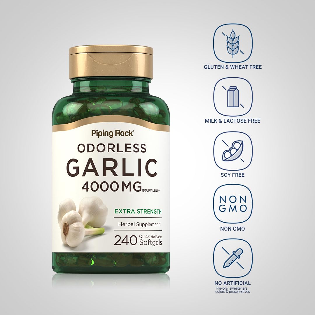 Piping Rock Odorless Garlic Softgels β 4000mg, 240 Count | Extra Strength | Non-GMO & Gluten Free