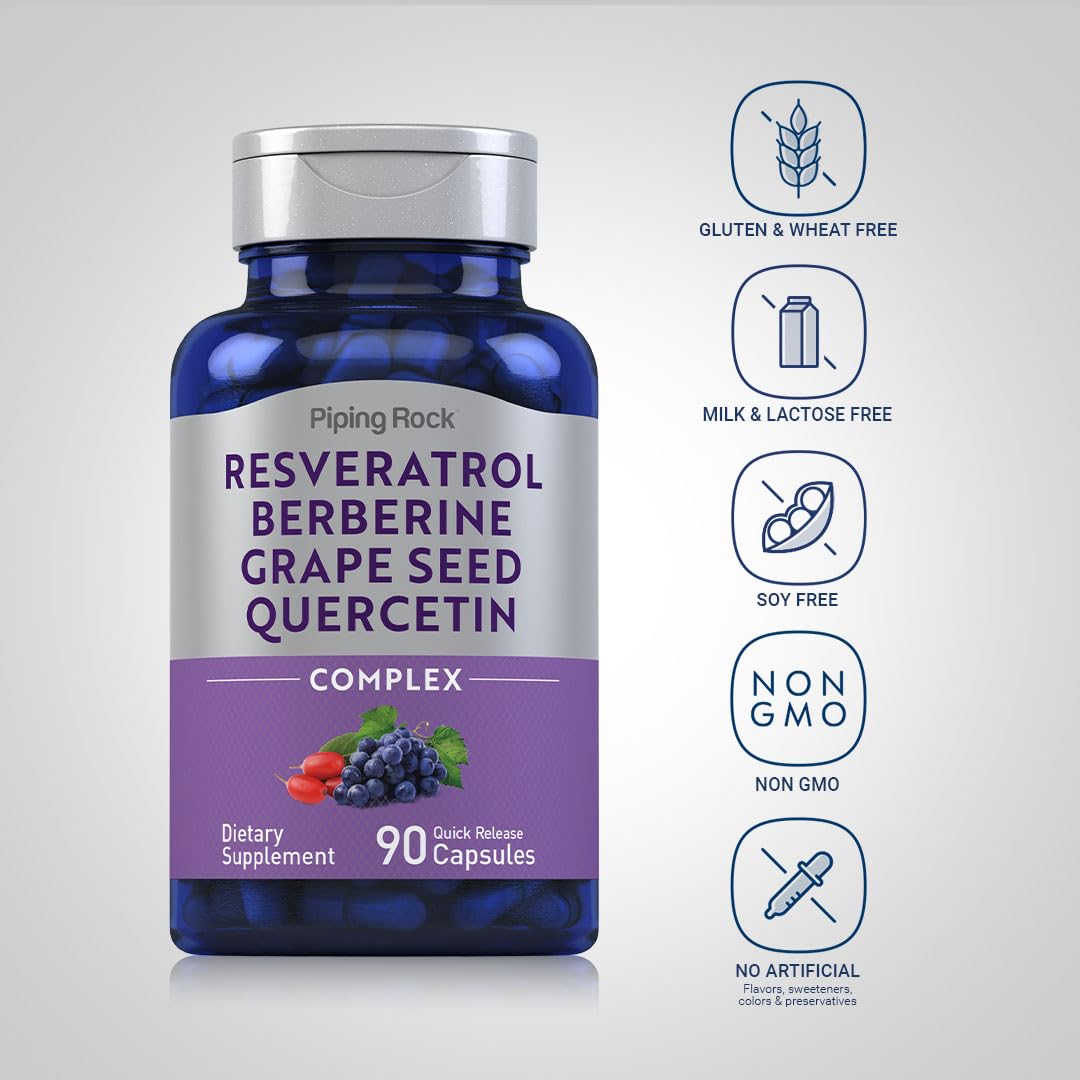 Piping Rock Resveratrol Berberine Grape Seed & Quercetin Complex β 90 Capsules | Non-GMO, Gluten Free