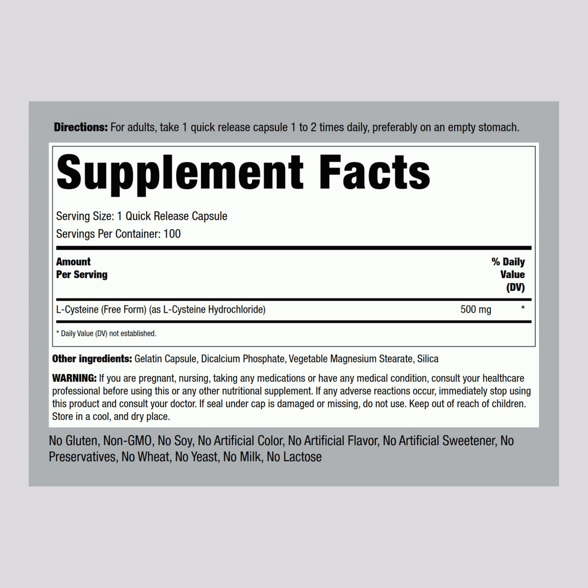Piping Rock L-Cysteine 500 mg β 100 Capsules | Free Form, Non-GMO & Gluten Free