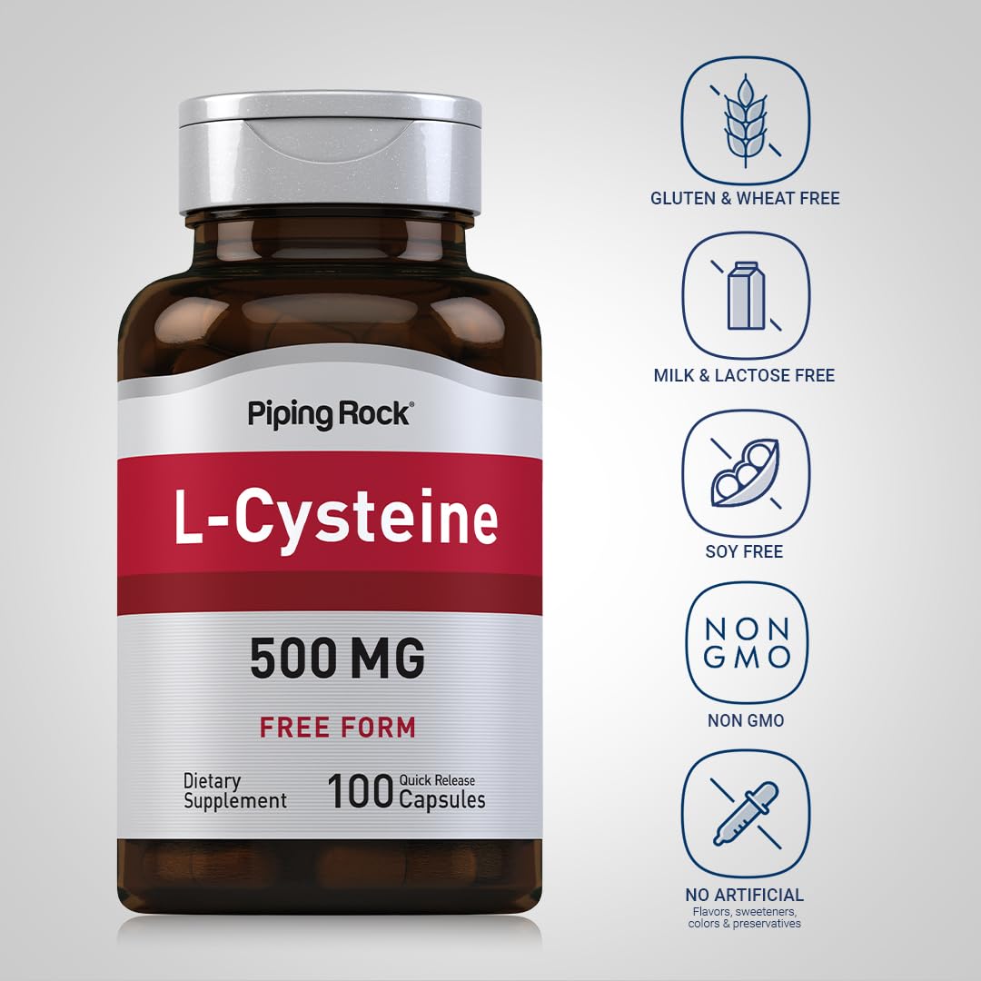 Piping Rock L-Cysteine 500 mg β 100 Capsules | Free Form, Non-GMO & Gluten Free