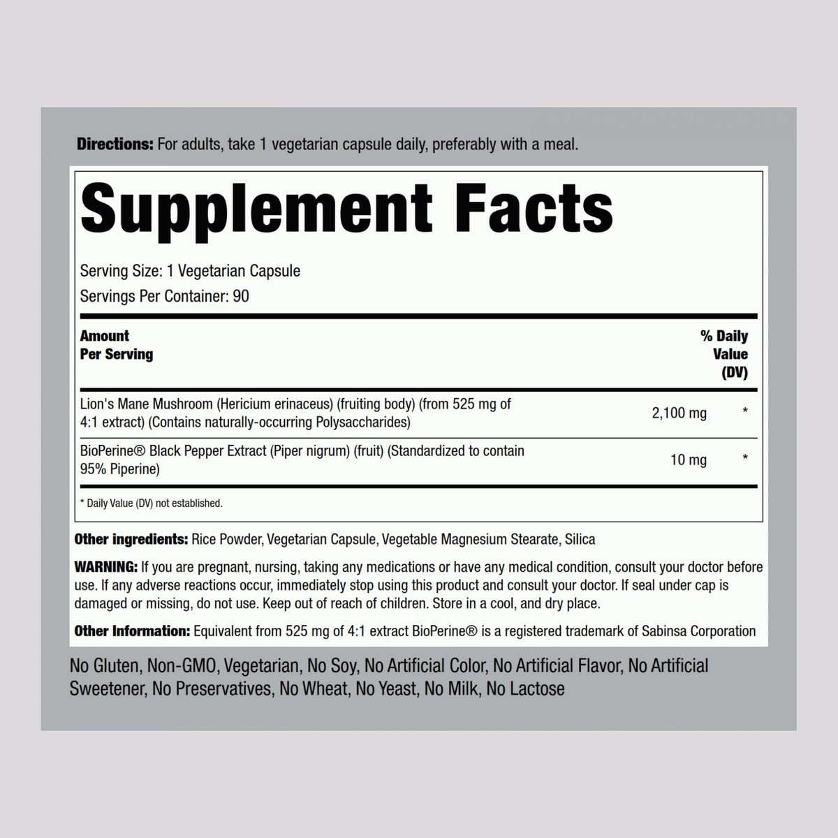 Piping Rock Lions Mane 2100mg Capsules | 90 Count | Vegan, Non-GMO, Gluten Free