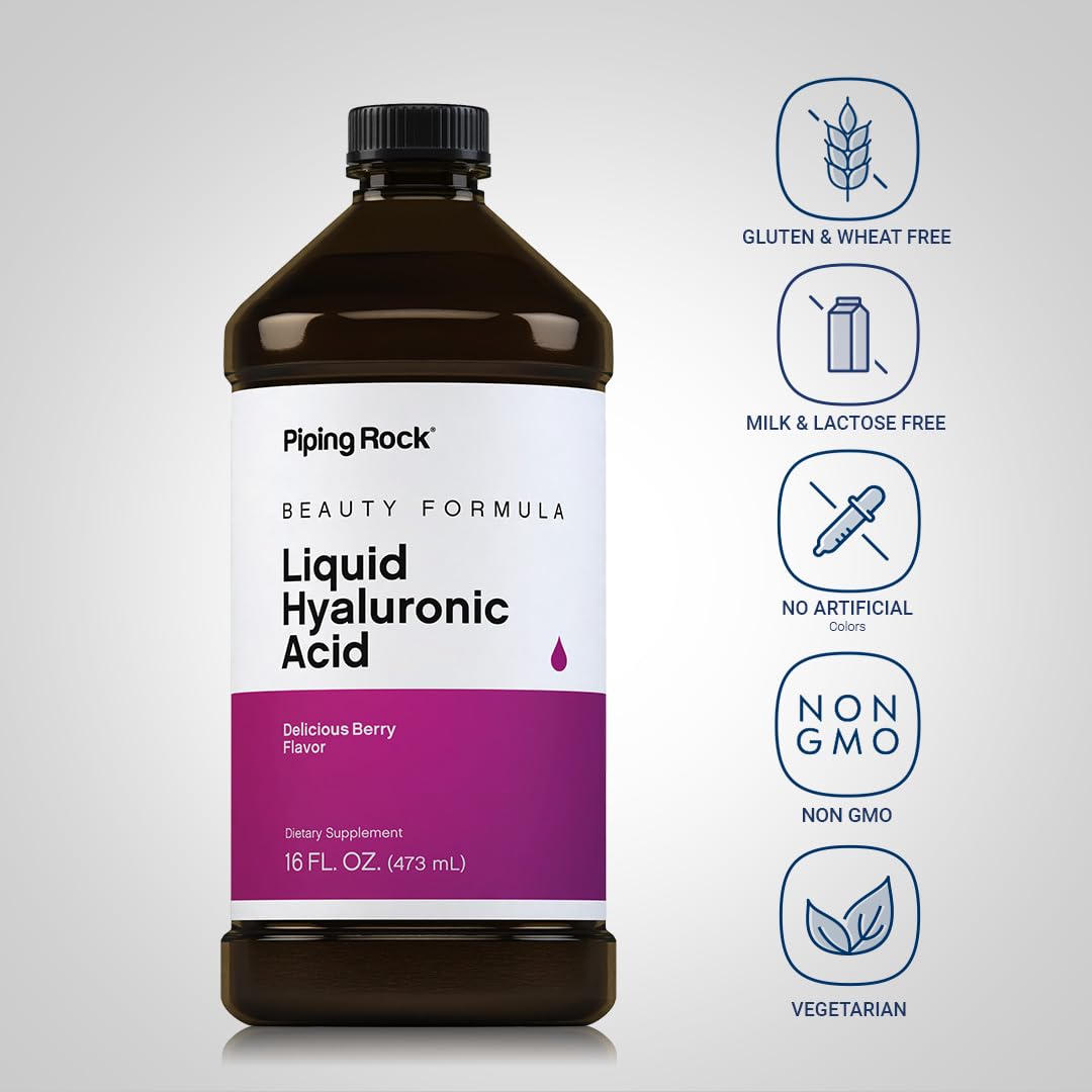 Piping Rock Liquid Hyaluronic Acid Supplement β 100mg, 16 fl oz | Natural Berry Flavor | Vegetarian, Non-GMO, Gluten Free