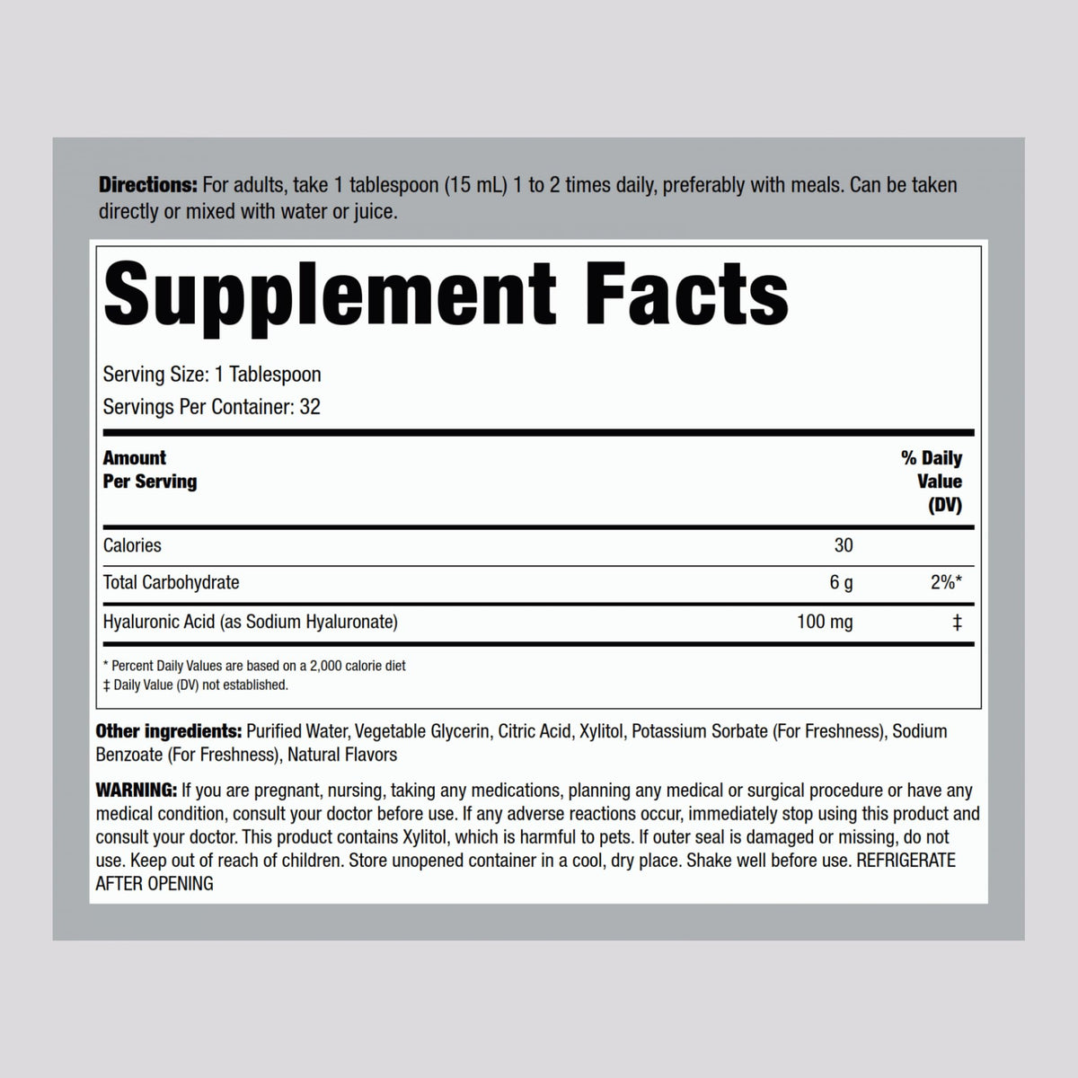 Piping Rock Liquid Hyaluronic Acid Supplement β 100mg, 16 fl oz | Natural Berry Flavor | Vegetarian, Non-GMO, Gluten Free