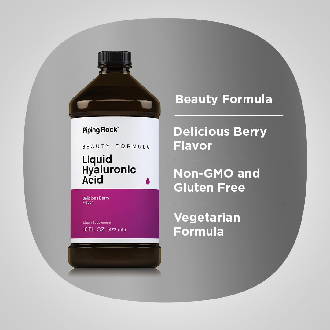 Piping Rock Liquid Hyaluronic Acid Supplement β 100mg, 16 fl oz | Natural Berry Flavor | Vegetarian, Non-GMO, Gluten Free