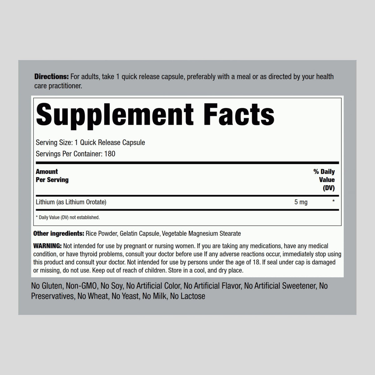 Piping Rock Lithium Orotate Supplement β 5 mg, 180 Capsules | Non-GMO, Gluten Free