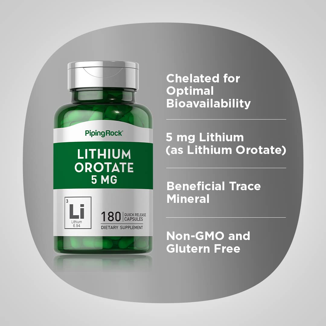 Piping Rock Lithium Orotate Supplement β 5 mg, 180 Capsules | Non-GMO, Gluten Free