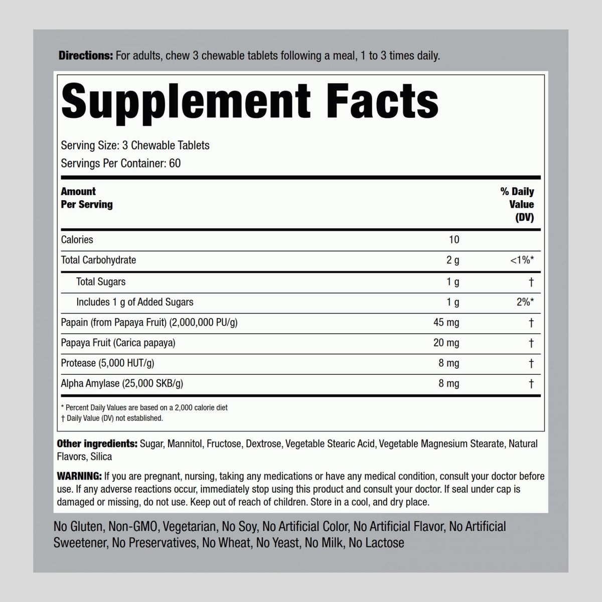 Piping Rock Papaya Digestive Enzymes Chewables β 180 Tablets, Vegetarian, Non-GMO, Gluten Free