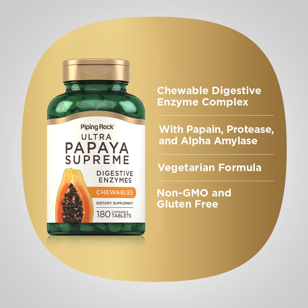 Piping Rock Papaya Digestive Enzymes Chewables β 180 Tablets, Vegetarian, Non-GMO, Gluten Free
