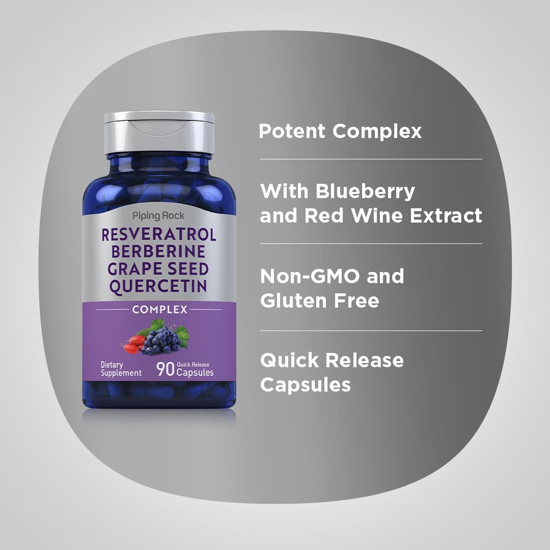 Piping Rock Resveratrol Berberine Grape Seed & Quercetin Complex β 90 Capsules | Non-GMO, Gluten Free
