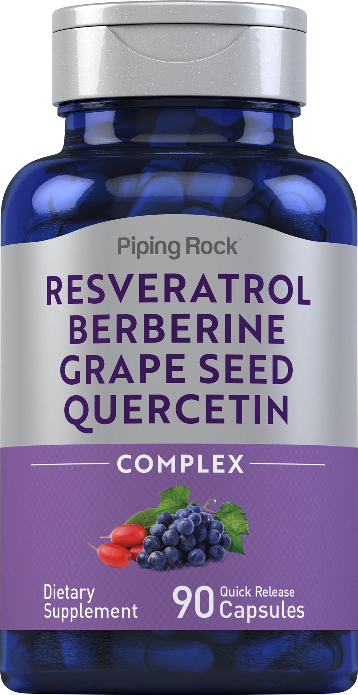 Piping Rock Resveratrol Berberine Grape Seed & Quercetin Complex β 90 Capsules | Non-GMO, Gluten Free