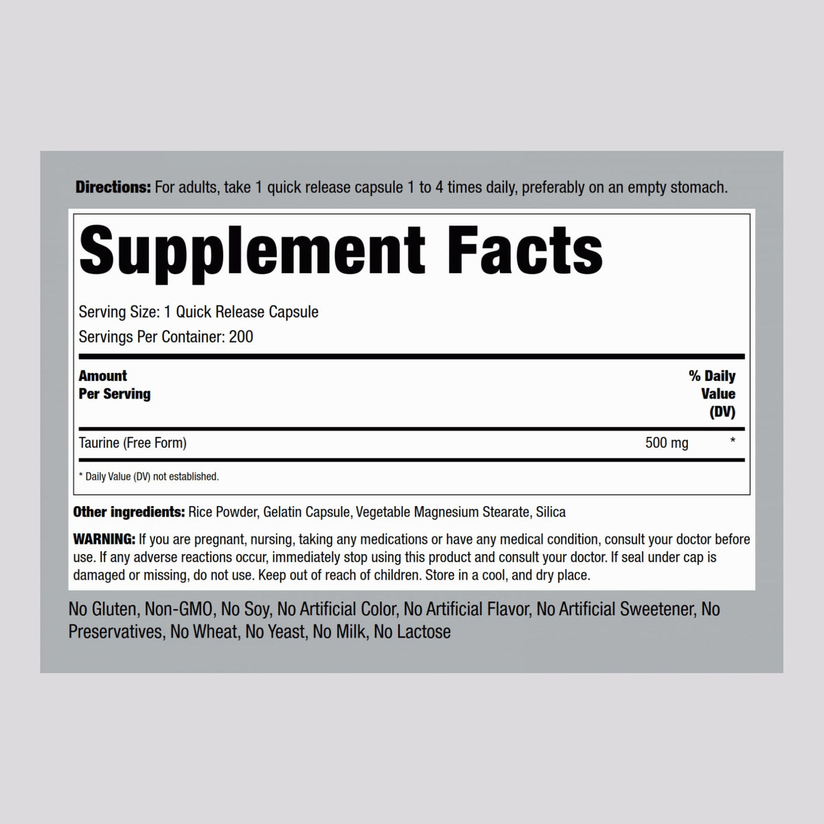 Piping Rock Taurine Supplement 500 mg | 200 Capsules | Amino Acid | Free Form | Non-GMO & Gluten Free (Pack of 2)