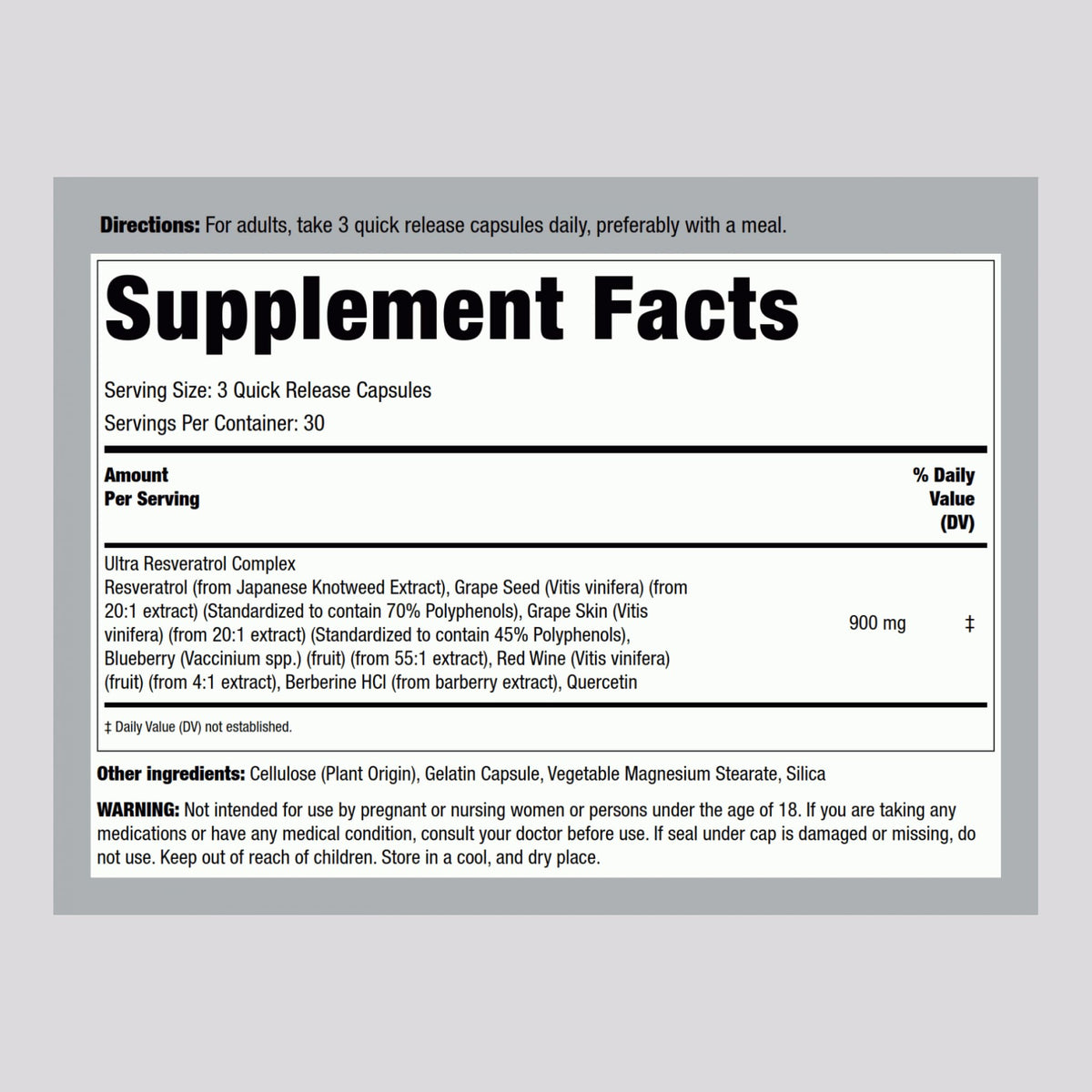 Piping Rock Resveratrol Berberine Grape Seed & Quercetin Complex β 90 Capsules | Non-GMO, Gluten Free