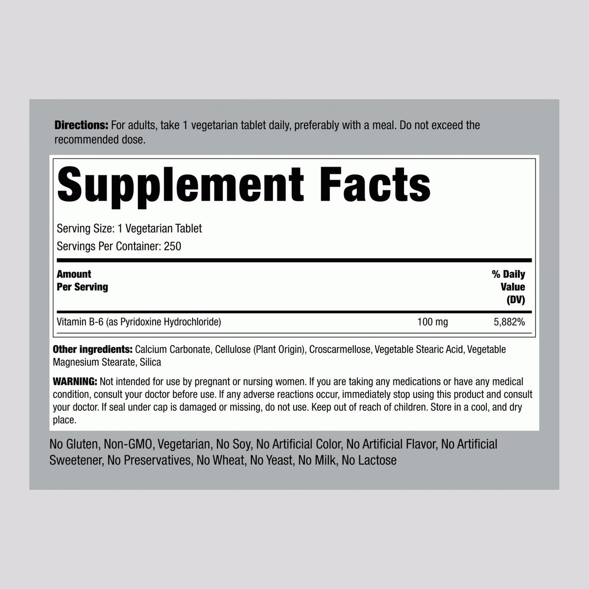 Piping Rock Vitamin B-6 100mg Supplement | 250 Tablets | as Pyridoxine Hydrochloride | Non-GMO & Vegetarian Formula