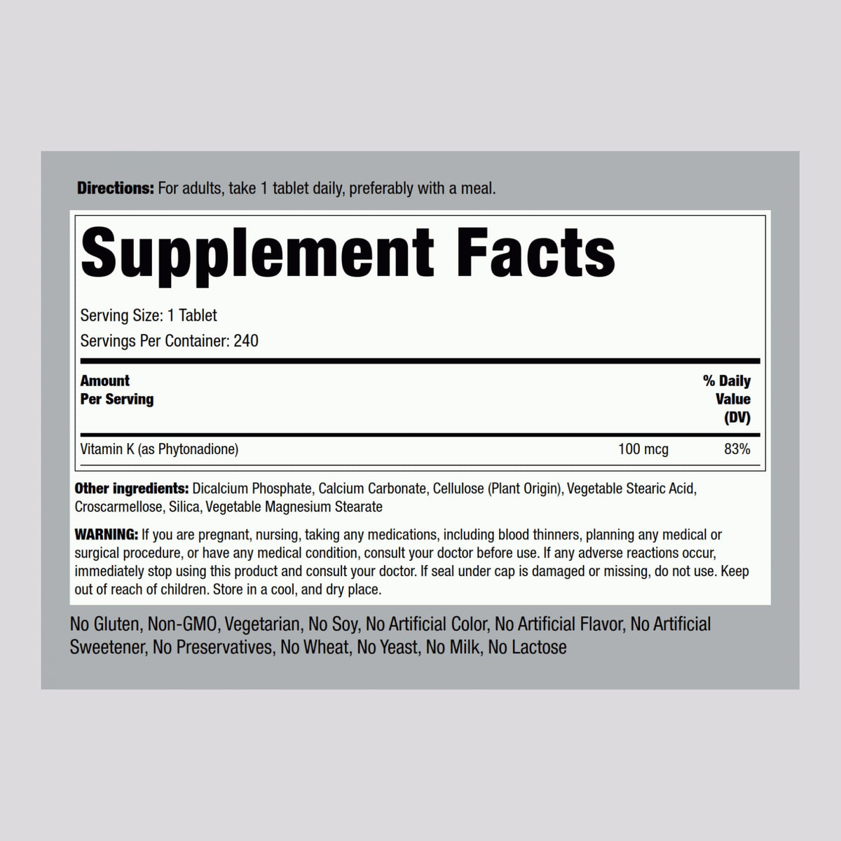 Piping Rock Vitamina K 100 mcg – 240 Compresse (Confezione da 2) | Fitomenadione