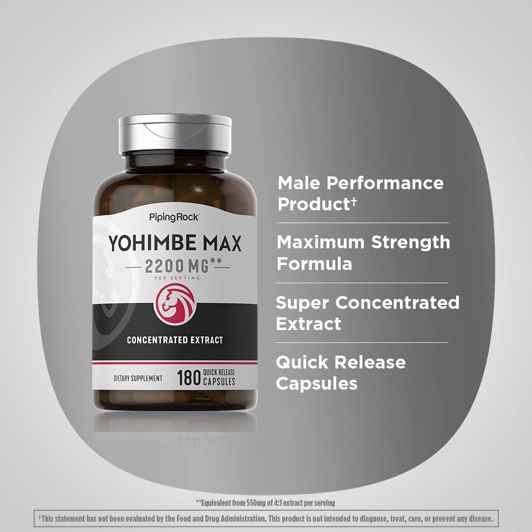 Piping Rock Yohimbe Supplements for Men | 2200 mg | 180 Capsules | Max Concentrated Extract | Non-GMO, Gluten Free Supplement