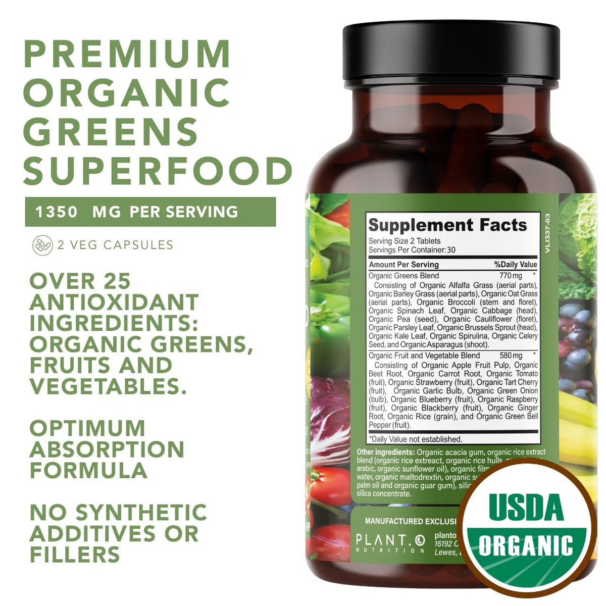 Plant.O Organic Super Greens - 60 Veggie Tablets for Immune & Energy