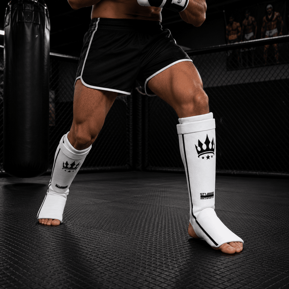 Playerz Spartech Lightweight Cotton Shin Guards - White/Black - Adult & Kids