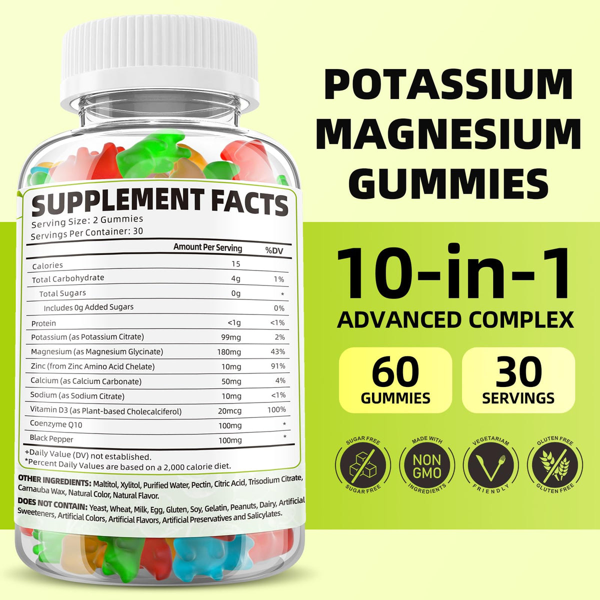 Potassium Magnesium Supplement Gummies β High Absorption Magnesium Glycinate, Sugar-Free & Vegan, 60 Count