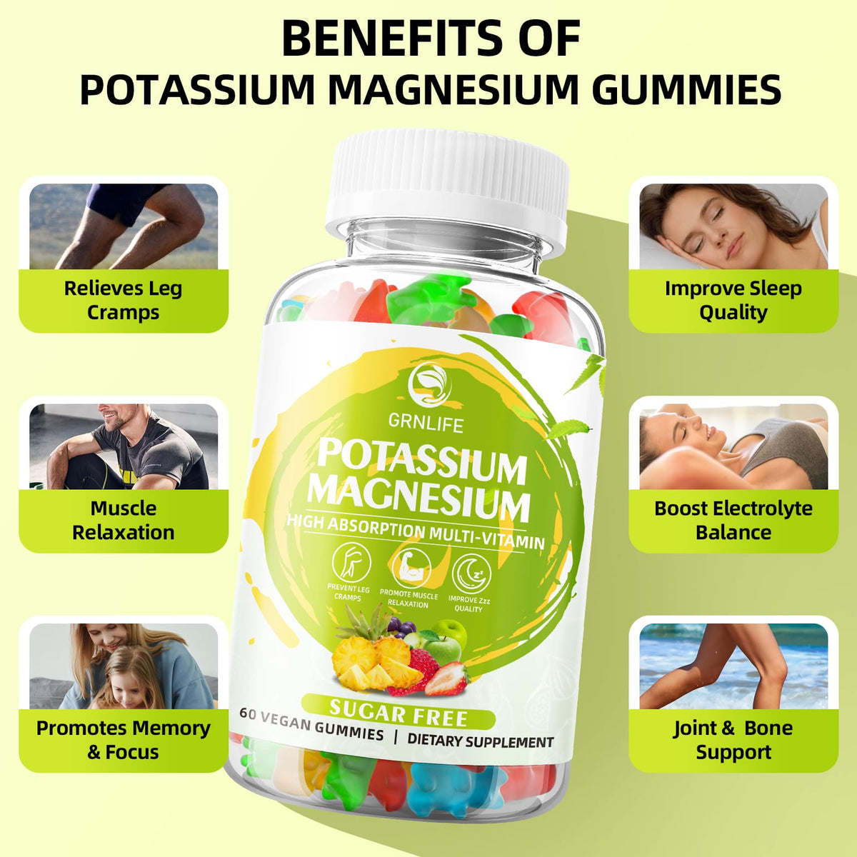 Potassium Magnesium Supplement Gummies β High Absorption Magnesium Glycinate, Sugar-Free & Vegan, 60 Count