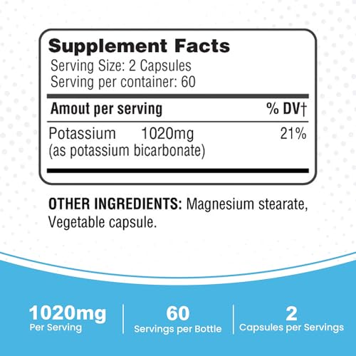 Integratore di potassio 365 Health 1020 mg | Bicarbonato di potassio | Non OGM | Senza glutine | Prodotto negli Stati Uniti | 120 capsule vegetariane
