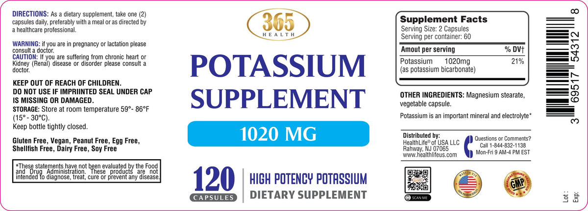 Integratore di potassio 365 Health 1020 mg | Bicarbonato di potassio | Non OGM | Senza glutine | Prodotto negli Stati Uniti | 120 capsule vegetariane