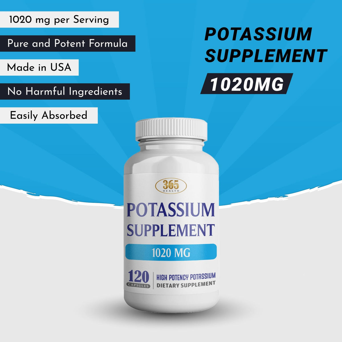 Integratore di potassio 365 Health 1020 mg | Bicarbonato di potassio | Non OGM | Senza glutine | Prodotto negli Stati Uniti | 120 capsule vegetariane